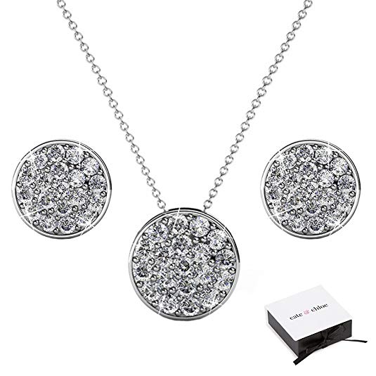 Cate & Chloe Nelly Jewelry Set, 18k White Gold Pendant Necklace and Stud Earrings with Swarovski Crystals, Bridal Jewelry Set, Pave Stone Necklace Earring Set for Women, Silver Fashion Jewelry, MSRP