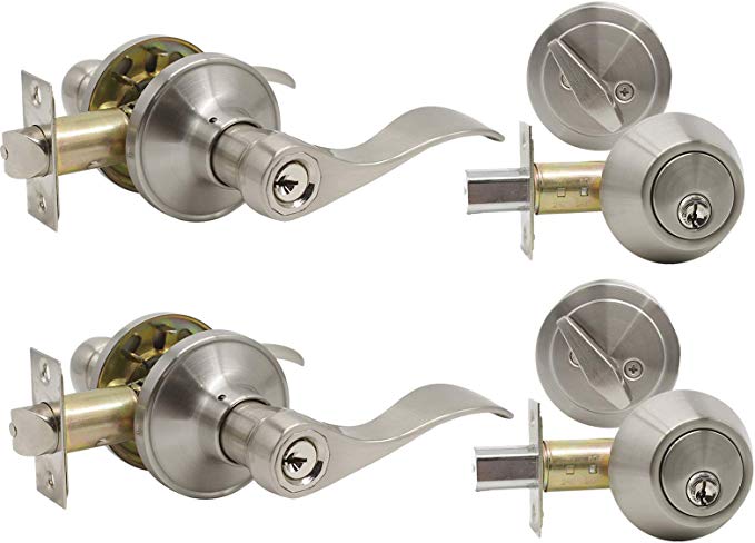 Satin Nickel Keyed-Alike Door Levers and Single Cylinder Deadbolts Combination Sets Locksets,with Same Key,Reversible for Right/Left Handed Doors,2Pack