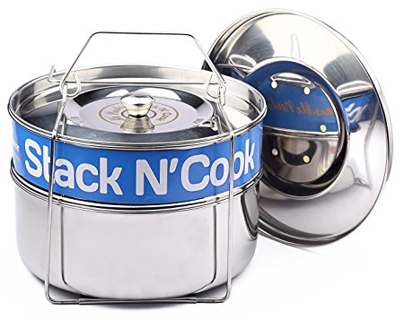 Stack N’ Cook - Stackable Stainless Steel Pressure Cooker Steamer Insert Pans with Sling - Instant Pot in Pot Accessories - Food Steamer for Cooking - Two Interchangeable Lids Included
