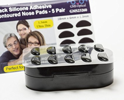 GMS Optical® 1.3mm Ultra-Thin Anti-slip Adhesive Contoured Silicone Eyeglass Nose Pads with Super Sticky Backing - 5 Pair (Black)