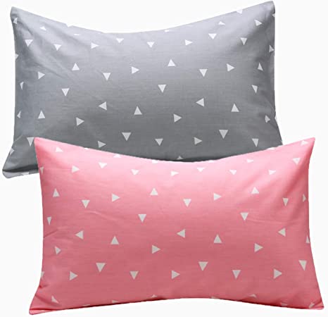 Kids Toddler Pillowcases UOMNY 2 Pack 100% Cotton Pillow Caver Pillowslip Case Fits Pillows sizesd 13 x 18" or 12x 16" for Kids Bedding Pillow Cover Baby Pillow Cases Triangle Grey/Pink