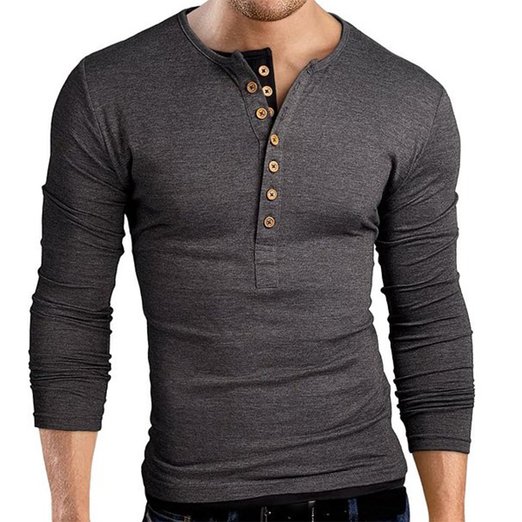 Pishon Men's Henley Shirt Long Sleeve Slim Fit Plain Button Cotton Casual Shirts