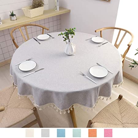 SPRICA Round Tablecloth, Cotton Linen Tassel Table Cover for Kitchen Dinner Table, Decorative Solid Color Table Desk Cover,Diameter 70", Light Gray