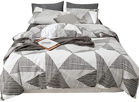BuLuTu Stripe Plaid Twin Duvet Cover Soft Cotton for Kids Teen,3 Pieces Neutral Geometric Gingham Reversible Bedding Sets Twin White Grey,with Zipper Closure and Corner Ties,No Comforter