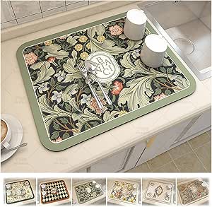 Fantasy Style Draining Mat, Absorbent Dish Drying Mat, Drying Pads for Kitchen Counter, Vintage Floral Plates Non-Slip Drain Pad Quick Dry Mats Kitchen Accessories (C)