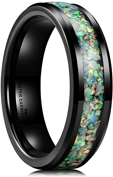 King Will Nature Mens 6mm Black Tungsten Carbide Ring Inlaid with Opal Fragments/Multicolor Fragments Wedding Band