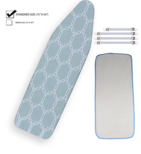Standard Ironing Board Cover Bundle 6 Items: 1 Extra Thick Felt Pad, Heat Resistant, and Scorch Resistant Cover [15" x 54"], 4 Fasteners and 1 Large Protective Scorch Mesh Cloth