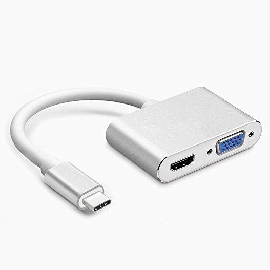 USB C to VGA HDMI 2-in-1 Adapter, ARKTEK Type C (male) to Dual Video Converter Adapter Supports Up to 4K(HDMI) 1080P(VGA) for Apple MacBook Series Chromebook Pixel and more (Aluminum Case, Silver)