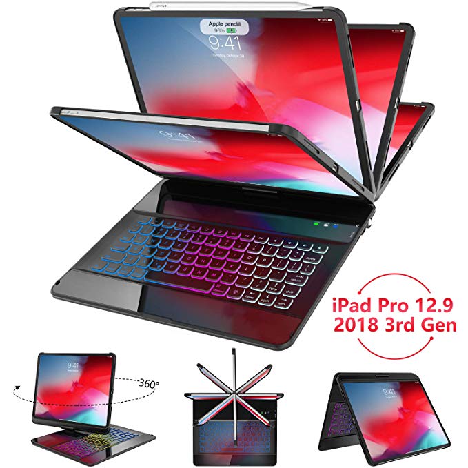iPad Pro 12.9 Case with Keyboard 2018 (3rd Gen) - Not fit 2017/2015, 17 Color Backlit 360 Rotate & 180 Flip Smart BT Wireless Keyboard Case with Auto Wake/Sleep, Support Apple Pencil Charging - Black