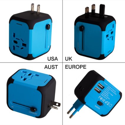 Uppel Worldwide Travel Adapter All-in-one Wall Power Plug Charger with Universal Dual Usb and Safety Fuse for US EU UK AU about 150 countries Apply to Cell Phone/Desktop/Laptop/Touch Screen Tablet/Computer/GPS/PSP(Blue)