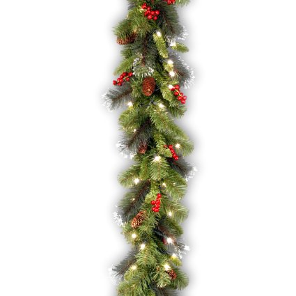 National Tree Crestwood Spruce Garland with Silver Bristle, Cones, Red Berries and Glitter with 50 Clear Lights, 9-Feet x 10-Inches (CW7-306-9A-1)