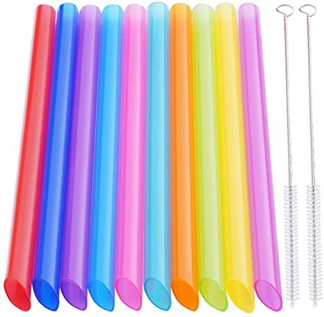 10 Pcs Colorful Wide Long Reusable Boba Jumbo Smoothie Straws with 2 Cleaning Brushes.(0.4'' diameter and 10.2" long)-10 Color inclined Value Pack.