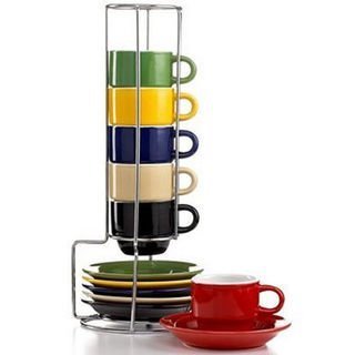 Gibson Sensations 13 Piece Espresso set with Metal Rack Stackable 2.5 oz Espresso cup set with saucers and with metal rack, multicolor 13 pcs Turkish coffee cup set