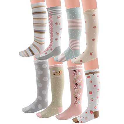 Deer Mum Girls Colorful Multiple Pattern Knee High Princess Socks(8 Pairs)