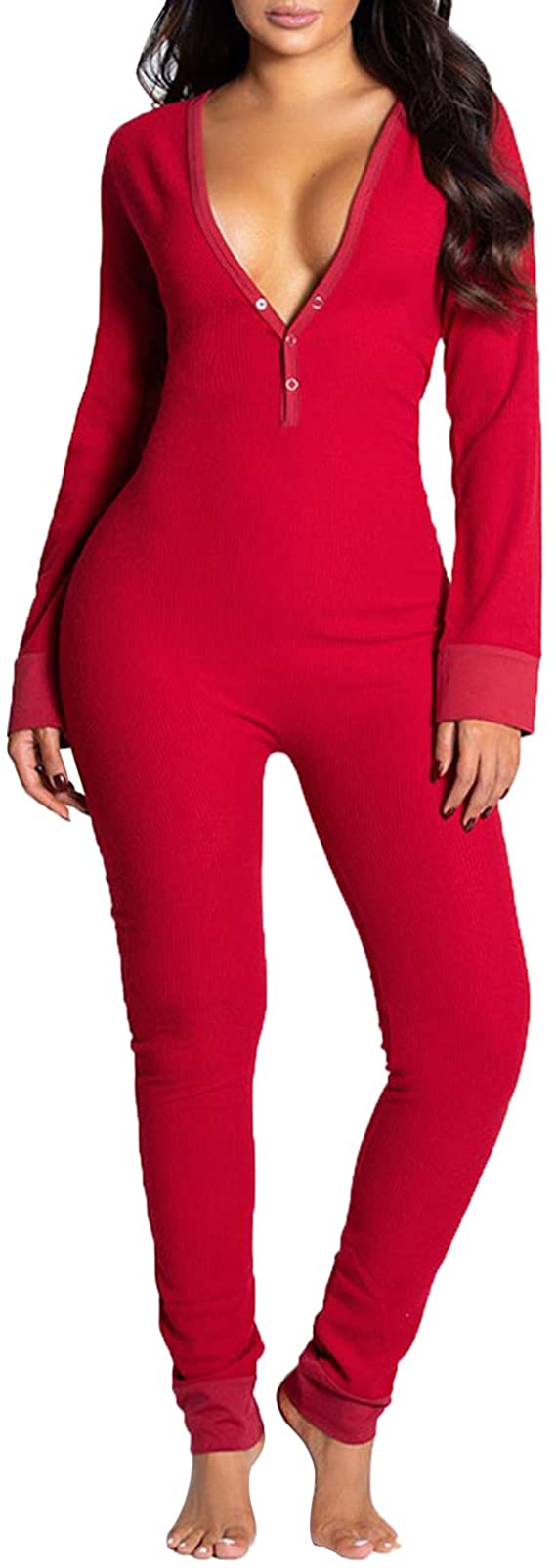 Seyurigaoka Women's Long Romper One Piece Sexy V Neck Bodycon Bodysuit Overall Onesies Pajama Sleepwear Clothes