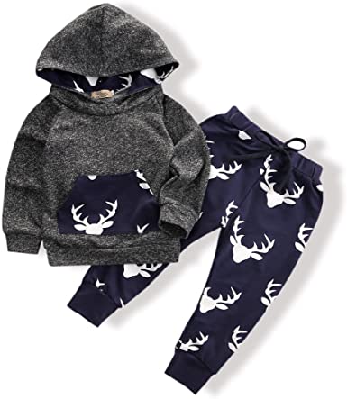 Toddler Infant Baby Boys Deer Long Sleeve Hoodie Tops Sweatsuit Pants Outfit Set