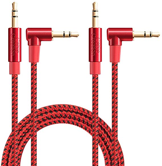 Audio Cable,CableCreation [2-Pack 1.5FT]Right Angle Male to Male Auxiliary Jack Cable with Silver-Plating Copper Core,24K Gold Plated, Red