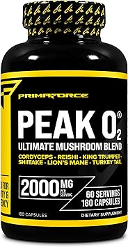 Primaforce Peak O2 Performance Mushroom Powered Oxygen Absorption Booster (180 Capsules) (2,000 mg Per Serving, 60 Servings) - Athletic Performance Supplement, Ultimate Mushroom Blend