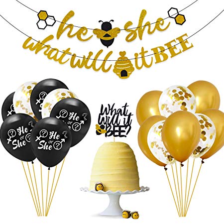 What Will It Bee Gender Reveal Party Decorations Set - He or She Bee Banner,Bumble Bee Cake Topper,12" Black Gold Confetti Latex Balloons,Boy or Girl Themed Baby Shower Party Glitter Ornaments