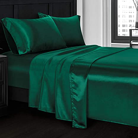 Homiest 4pcs Satin Sheets Set Luxury Silky Satin Bedding Set with Deep Pocket, 1 Fitted Sheet   1 Flat Sheet   2 Pillowcases (King Size, Blackish Green)