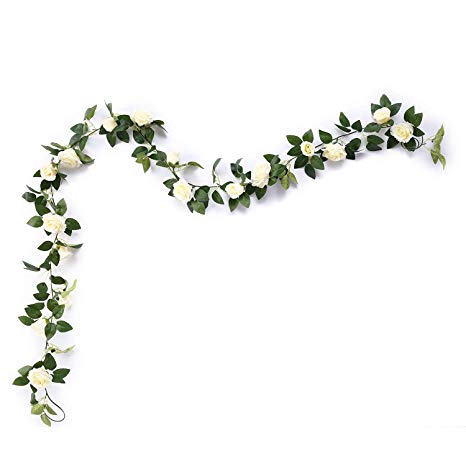 Aurdo Artificial Rose Vine Flowers with Green Leaves 7.5ft Fake Silk Rose Hanging Vine Flowers Garland Ivy Plants for Home Wedding Party Garden Wall Decoration (Cream)