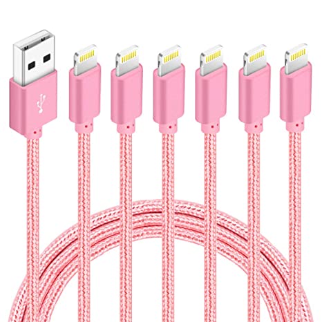 6 Pack(3ft,3ft,6ft,6ft,10ft,10ft) Certified iPhone Charger Lightning Cable High Speed Nylon Braided USB Fast Charging&Data Syncs Cord Compatible iPhone 11 Pro Xs MAX XR 8 8 Plus 7 7 Plus 6s (Rose)