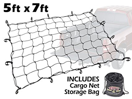 5ft x 7ft PowerTye Mfg Truck & Trailer Large Elastic Cargo Net with 14 Adjustable Hooks, Includes Large Drawstring Net Storage Bag, Black Net