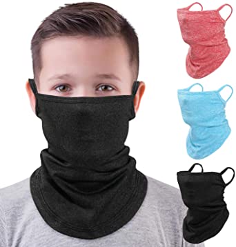 MoKo Kids Neck Gaiter Face Mask, 3 Pack Scarf Bandana Mask with Ear Loops UV Sun Protection Outdoors Balaclava for Girls Boys