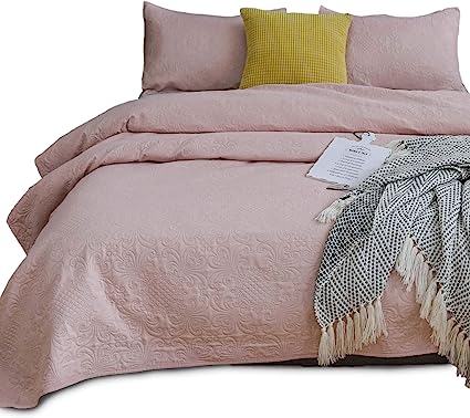 KASENTEX Coverlet Quilt Set-Pre Washed-Luxury Microfiber Soft Warm Bedding-Solid Colors Bedspread-Contemporary Floral Design (Blush Pink Floral, King   2 Shams)