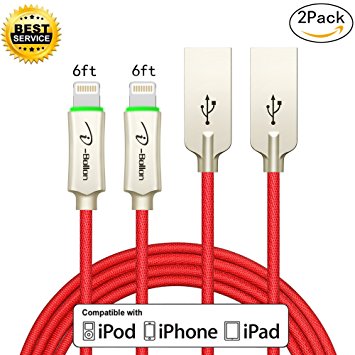 Lightning cable, I-Bollon iPhone charger 2 pack 6ft Nylon Braided sync & charging cable cord with Intelligent power-off Tech powerline for iPhone 5/5C/5S/6S/6S PLUS/7/7 plus, iPad Air, and more(RED)