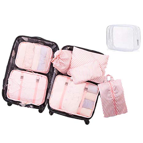 8 Set Packing Cubes-6 Suitcase Organiser Bags 1 Shoes Bag 1 Clear Toiletry Bag (Pink Stripes)
