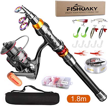 FISHOAKY Fishing Rod kit, Carbon Fiber Telescopic Fishing Pole and Reel Combo with Line Lures Tackle Hooks Reel Carrier Bag for Adults Travel Saltwater Freshwater