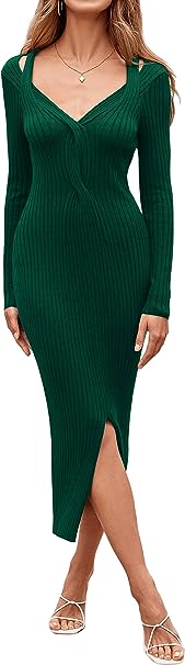 MASCOMODA Women's V Neck Long Sleeve Midi Sweater Dress 2023 Fall Causal Sexy Side Slit Knit Ribbed Bodycon Dresses