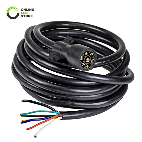 ONLINE LED STORE 7-Way Trailer Light Wiring Plug Extension Cable [Double-Prong] [10-14 AWG] [Copper Terminals/Wires] 7-Wire Inline Trailer Cord - 16ft