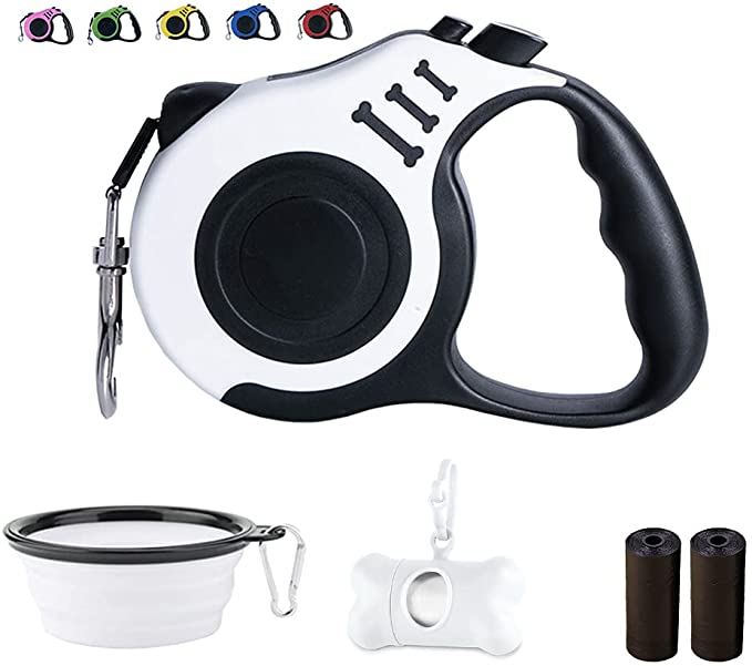 Dunhuang Retractable Dog Leash for X-Small/Small/Medium, 16ft (for Dogs Up to 33lbs), with 1 Free Portable Silicone Dog Bowl   1 Waste Bag Dispenser   3 Waste Bag (White)