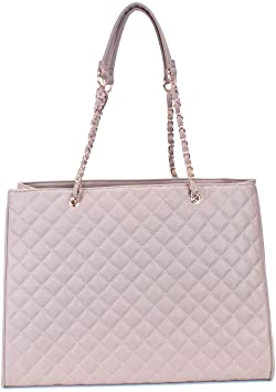 Women's Large Travel Tote Quilted Purse and Work Laptop Handbag - Rose Gold Hardware With Satin Interior - Light Pink