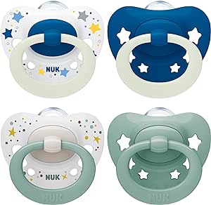 NUK Signature Day & Night Baby Dummy 0-6 months Soothes 95% of Babies Heart-Shaped BPA-Free Silicone Soothers Glow-in-the-Dark Stars 4 Count