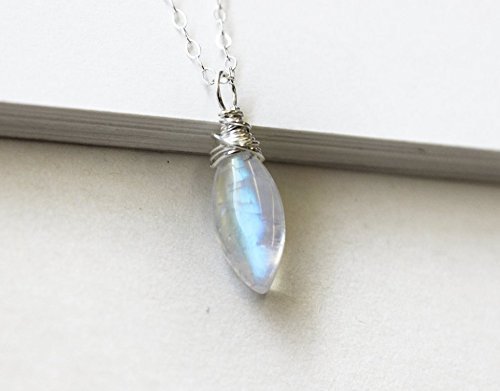 moonstone necklace, blue flash gemstone pendant, June birthstone sterling silver jewelry, simple everyday, dainty long daggar, blue glow