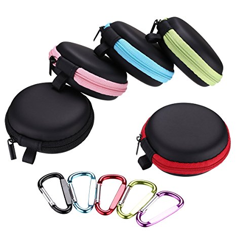 Meuxan 5-Pack Earbud Storage Case Pouch with Carabiner for Earphone Bluetooth Headset USB Cable Flash Drive, 5 Colors