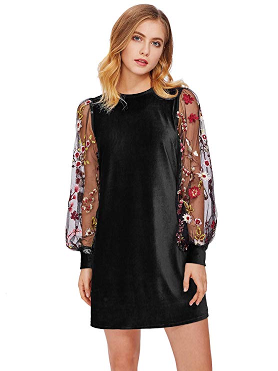 DIDK Women's Velvet Tunic Dress with Embroidered Floral Mesh Bishop Sleeve