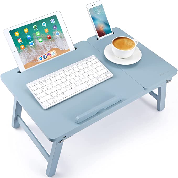 Lap Desk Nnewvante Bed Tray Table Foldable Laptop Desk Bamboo Breakfast Serving Tray with Drawer Tablet Slots, Blue
