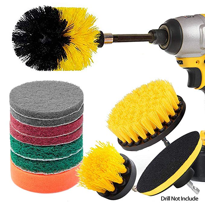 JUSONEY 12 Piece Drill Brush Scrub Pads Power Scrubber Brush with Extend Long Attachment All Purpose-Cleaner Scrubbing Cordless Drill for Cleaning Pool Tile, Sinks, Bathtub, Brick, Ceramic, Marble