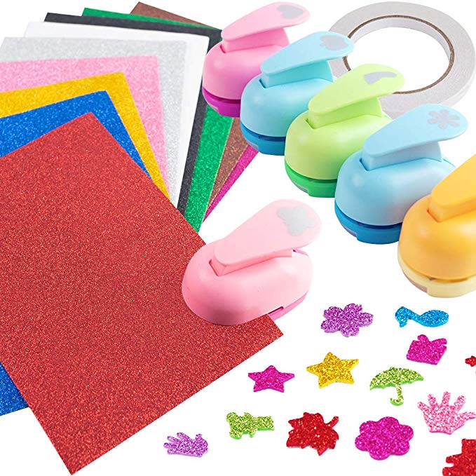 LoveInUSA Crafts Punch Set, 6 Style Paper Punches Craft Holes Punch 10 Foam Paper Glitter Cardstock for Scrapbooks Albums Photos Cards DIY Handcrafts