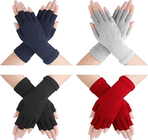 4 Pairs Winter Fingerless Gloves Warm Half Fingers Mittens Cold Weather Knit Gloves for Women and Men for Outdoor Sports Driving Skiing Running (4 Colors)