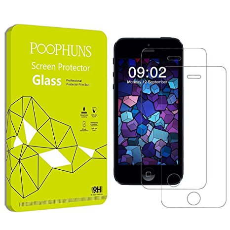 iPhone 5/5S/5C/SE Screen Protector, POOPHUNS 2-pack HD 0.3mm Premium Tempered Glass Screen Protector for iPhone 5/5S/5C/SE, 9H Screen Protector, Anti-Scratch, 99% Transparency