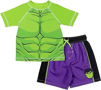 Marvel Spider-Man Avengers Toddler Boys UPF 50  Rash Guard and Swim Trunks Outfit Set Toddler to Big Kid