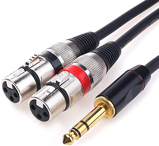 TISINO Dual XLR Female to 1/4 inch TRS Stereo Male Y-Adapter Patch Cable Unbalanced Double XLR to Headphone Jack 6.35mm Breakout Cable - 1.6 FT/50cm