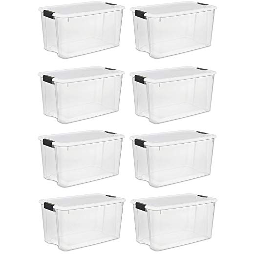 Sterilte 70 Quart/66 Liter Ultra Latch Box, Clear with a White Lid and Black Latches, (70 Quart, 8-Boxes)