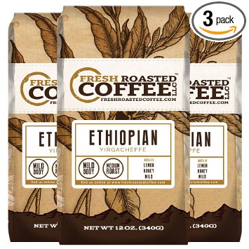 12-Ounce Bags, Ethiopian Yirgacheffe, Ground coffee, Fresh Roasted Coffee LLC.(Pack of 3 Ground)