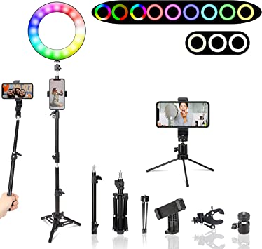 Upgrade RGB Desktop Ring Light with Tripod Stand and Mini Tripod,Dimmable Colourful Ring Light for TikTok/Live Stream/Makeup/YouTube Video, Compatible with iPhone/Android